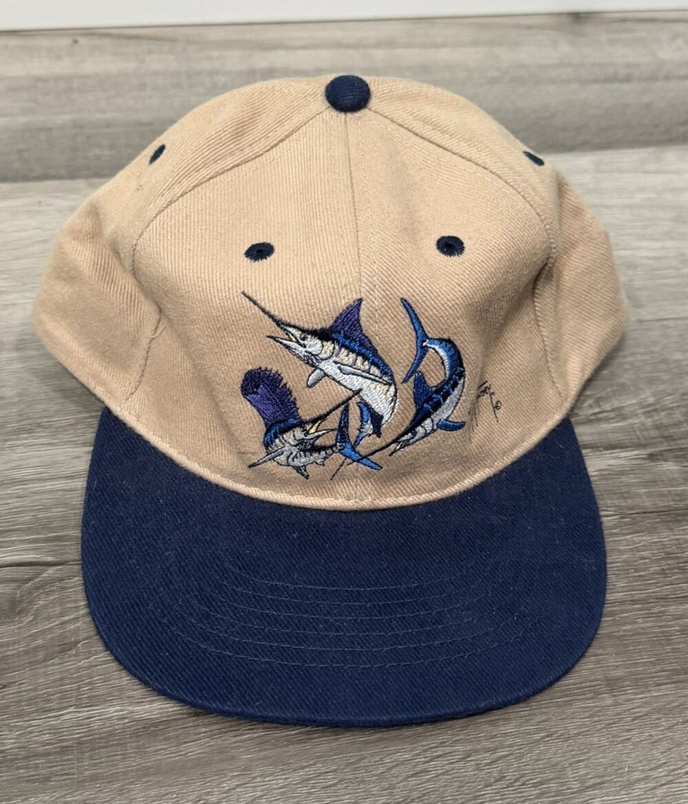 Vintage Guy Harvey Marlin Sailfish Embroidered Hat Tan Navy Fishing 90s